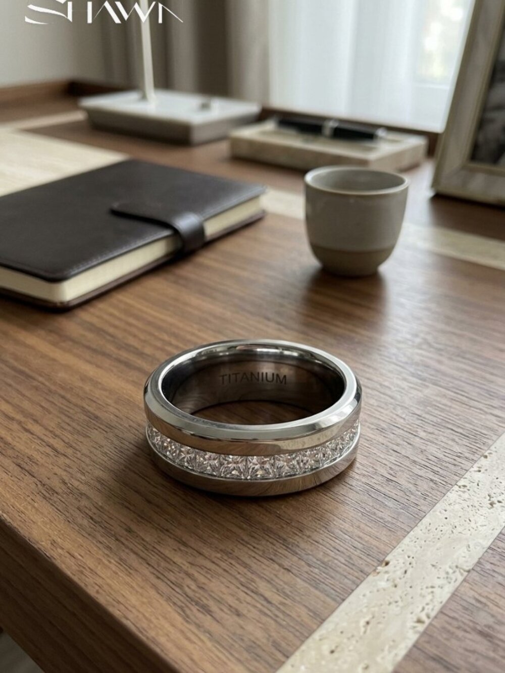 Mens Silver Titanium Moissanite Wedding Band, Channel Set